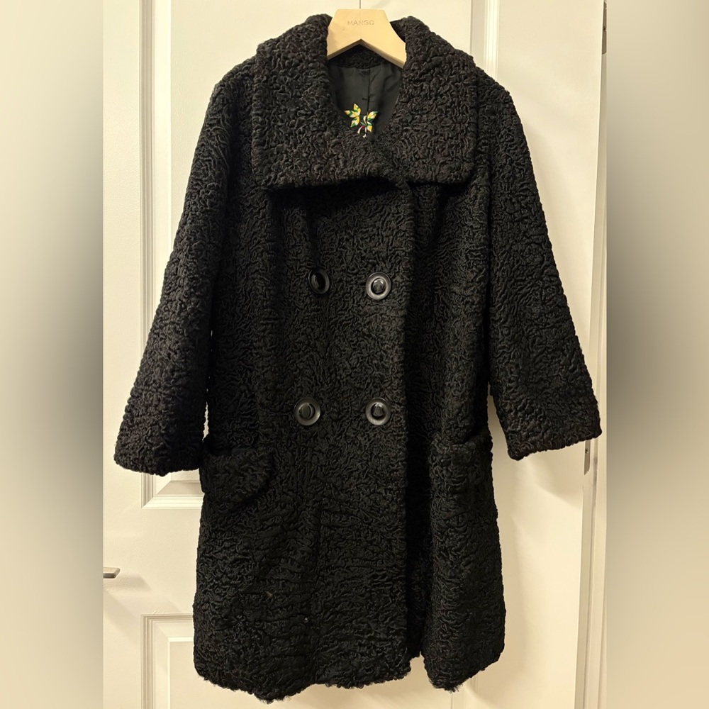 Vintage Black Curly Lamb Fur Swing Coat - Picture 3 of 16